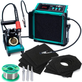 YIHUA 948DQ-III 2-IN-1 Solder Fume Extractor Fan 110W Soldering Station Kit Smoke Absorber Tiltable Angle Temp Display w Helping Hands Iron Holder Extra 3 Iron Tips 8 Filters 35g Lead-Free Solder Wire