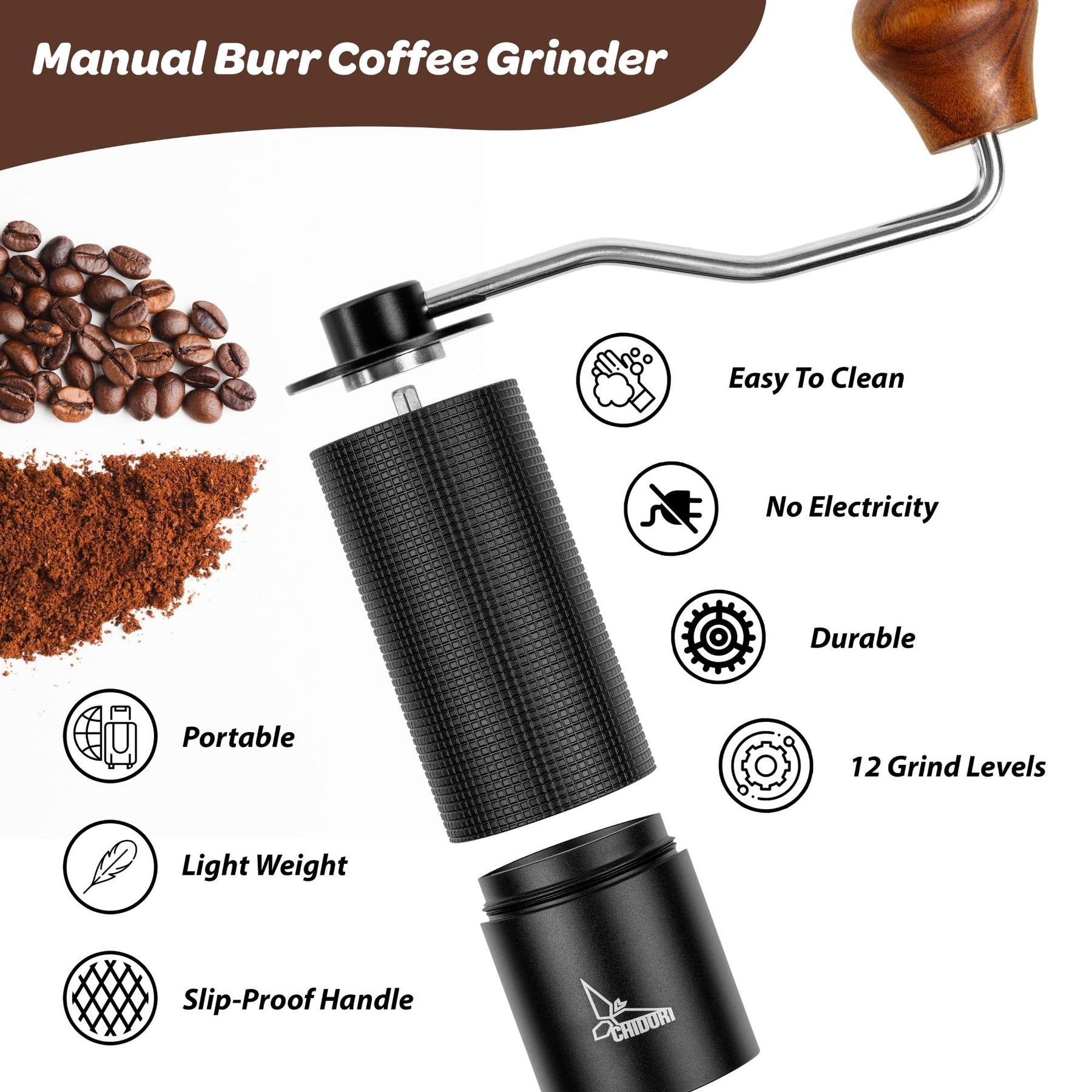 Manuelle Kaffeemühle, Handkurbel-Kaffeemühle für Espresso, French Press und Pour Over, tragbare Kaffeemühle für Camping und Reisen