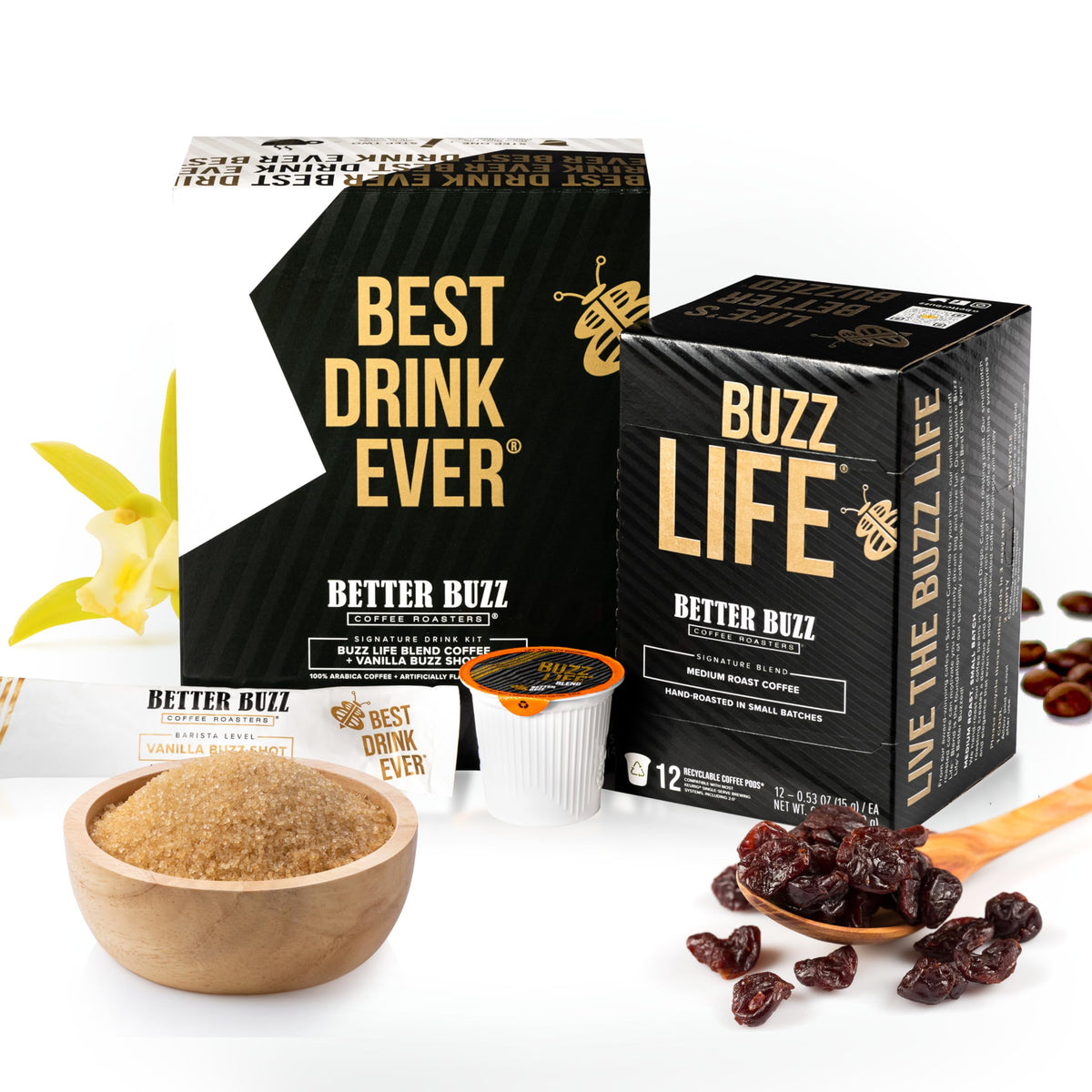 Better Buzz Best Drink Ever Vanilla Latte Einzelportions-Kaffeemaschinen-Set, 24 Stück, 12 mittelstark geröstete Kaffeepads (Buzz Life) und 12 Vanille-Kaffeesahnepulver-Stickpacks (Vanilla Buzz), K-Cup-kompatibel