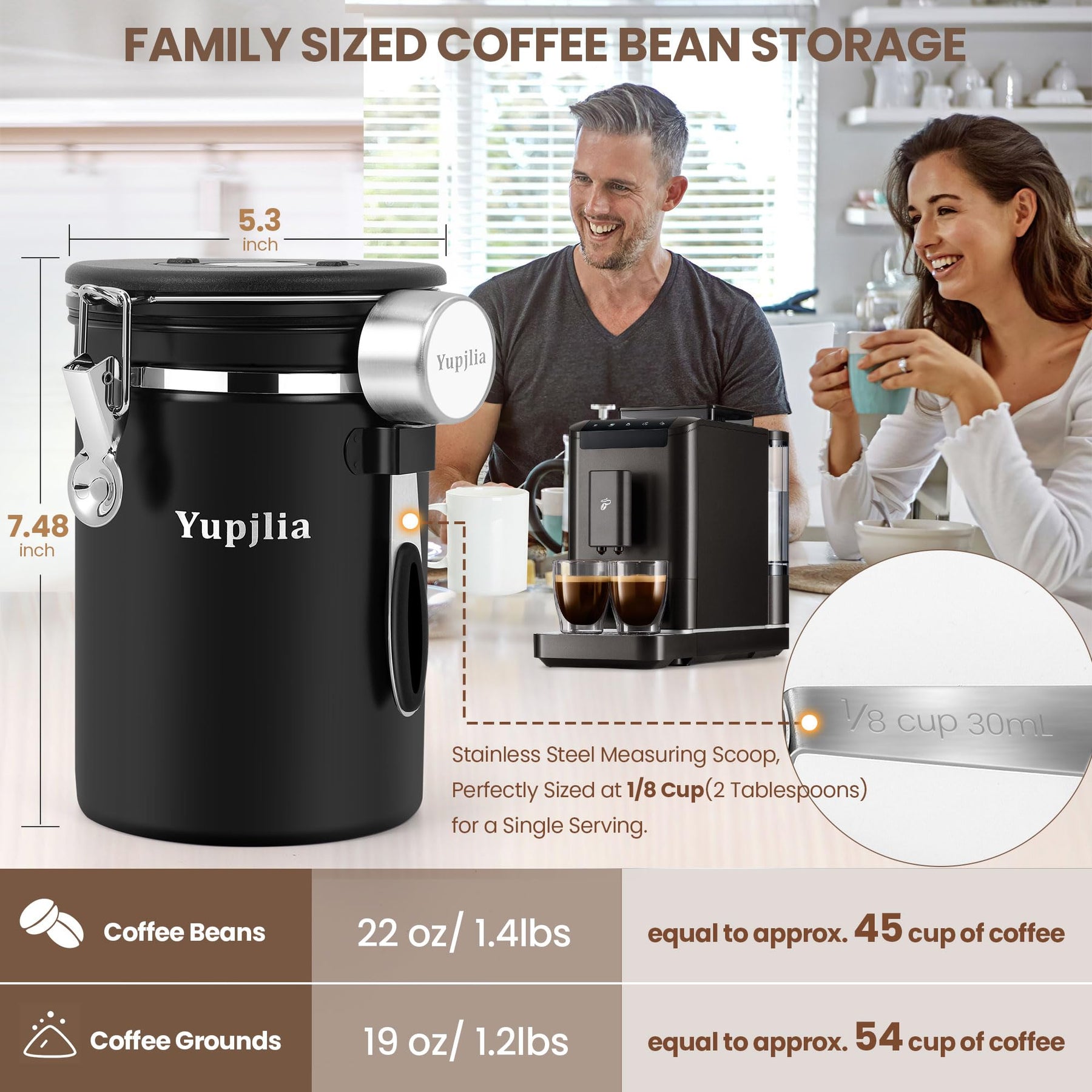 Yupjlia Coffee Canister, Premium 22OZ Large Stainless Steel Coffee Bean Storage Container with Airtight Lids, Elegant Black Coffee Grounds Container with Data Tracker and Scoop for Tea, Sugar, Flour