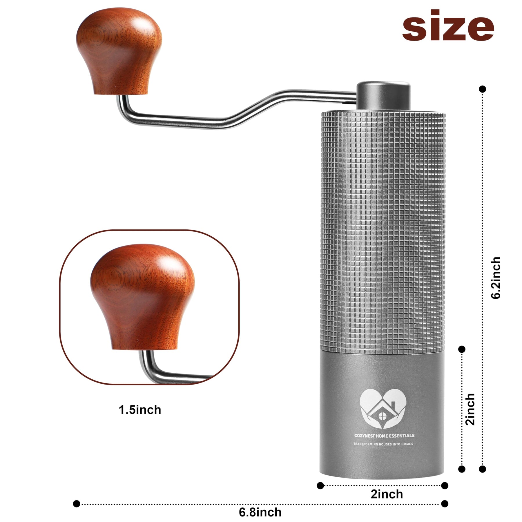 Manual Coffee Grinder (grey)- Hand Held Portable Adjustable Grinder For Precision Coffee Making Experience