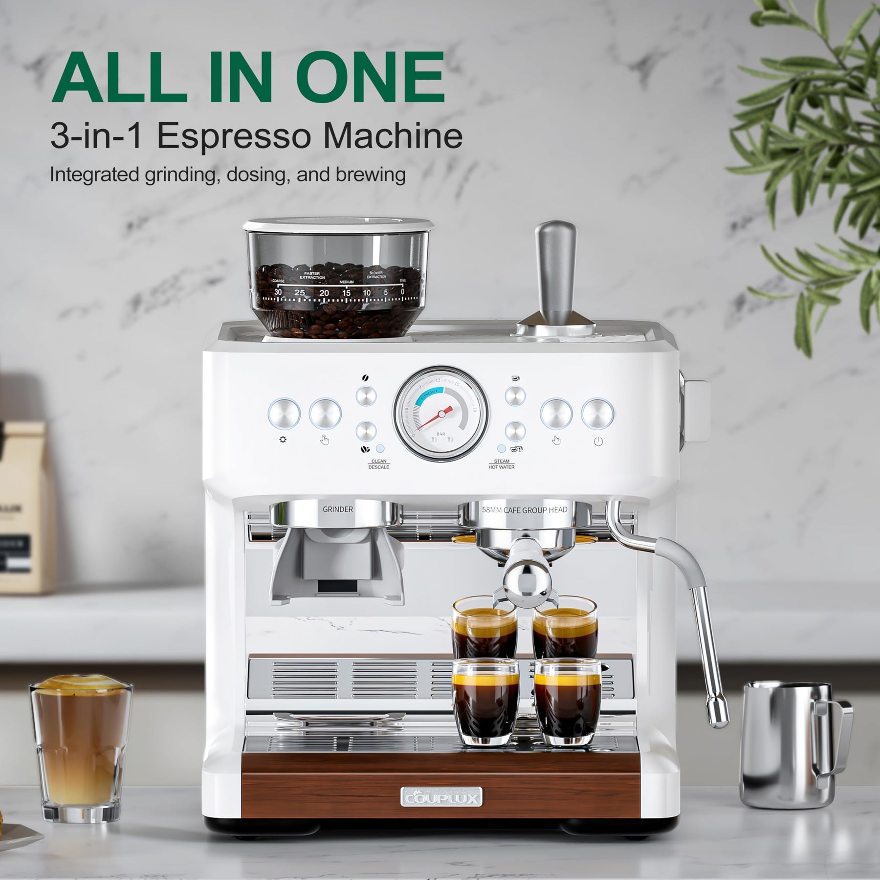 COUPLUX Espresso Machine with Grinder, Coffee and Espresso Maker Combo All in One Coffee Machine, 20 Bar Cafe Espresso Machine with Milk Frother, 58MM Portafilte, Latte Cappuccino Machines for Home