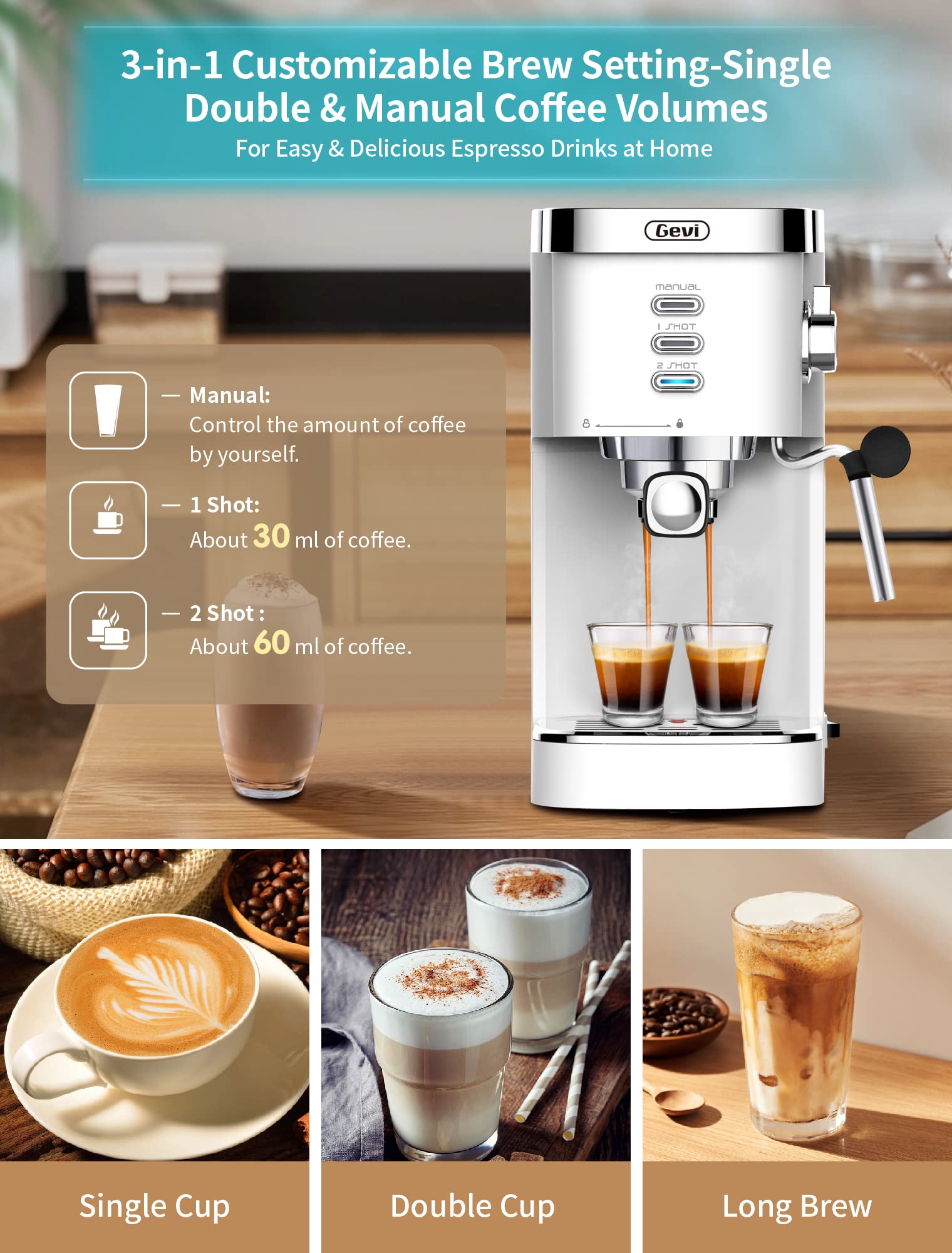 Gevi Espressomaschinen, 20 Bar, schnelles Aufheizen, kommerzielle automatische Cappuccino-Kaffeemaschine mit Milchaufschäumer für Espresso, Latte Macchiato, 1,2 l abnehmbarer Wassertank