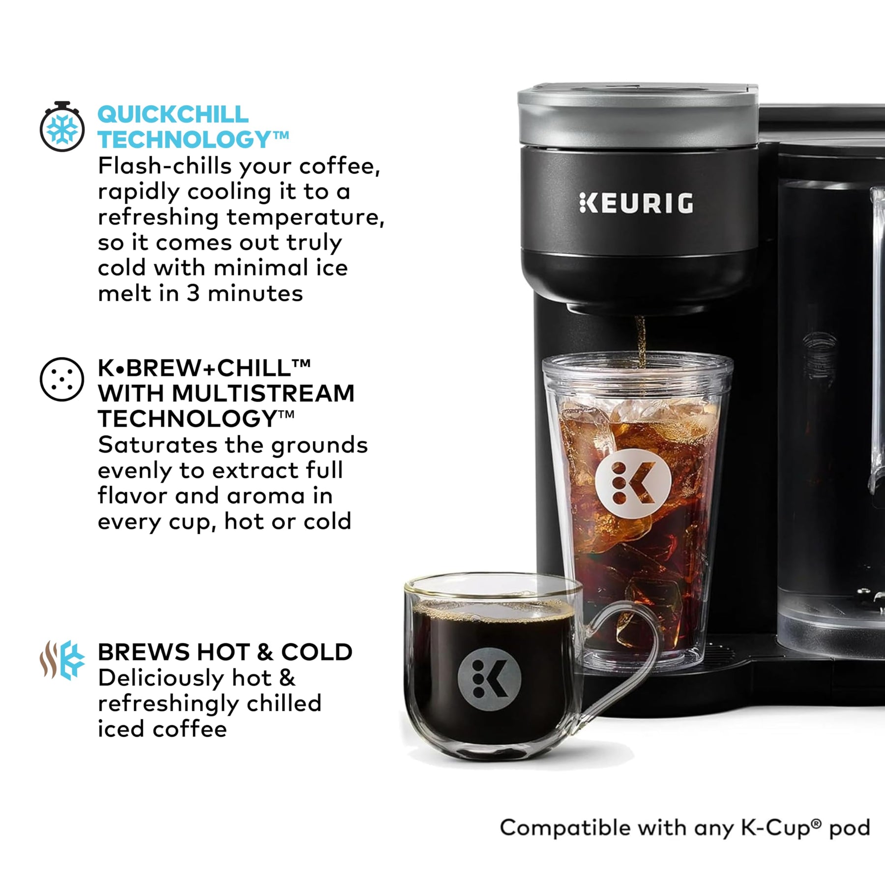 Keurig K-Brew+Chill Eis- oder Heißkaffeemaschine für Einzelportionen im K-Cup mit MultiStream- und QuickChill-Technologie, 70 oz. Abnehmbarer Wasserbehälter