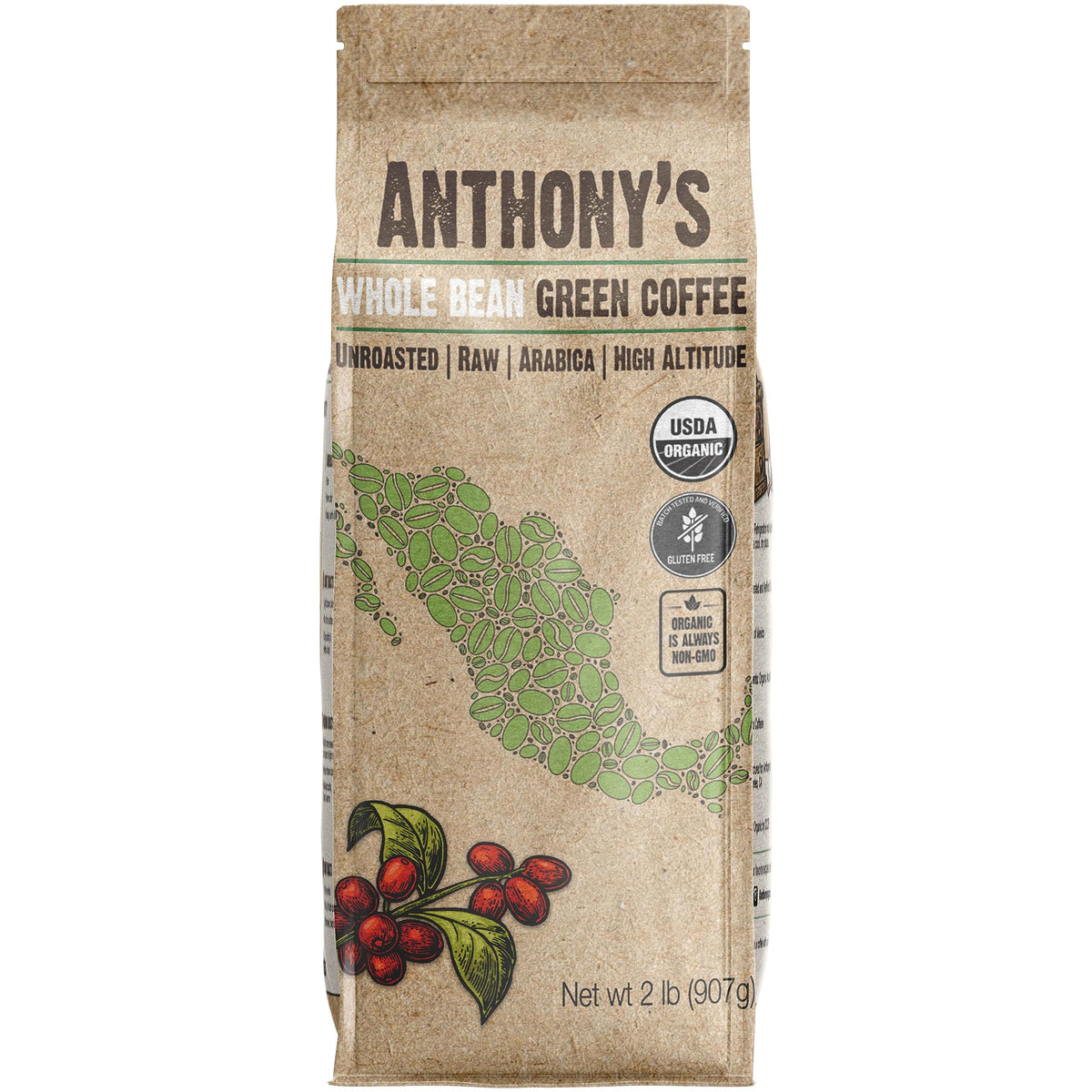 Anthony's Organic Unroasted Whole Green Coffee Beans, 2lbs, Mexican Altura Arabica Beans, Raw, Batch Tested and Gluten Free