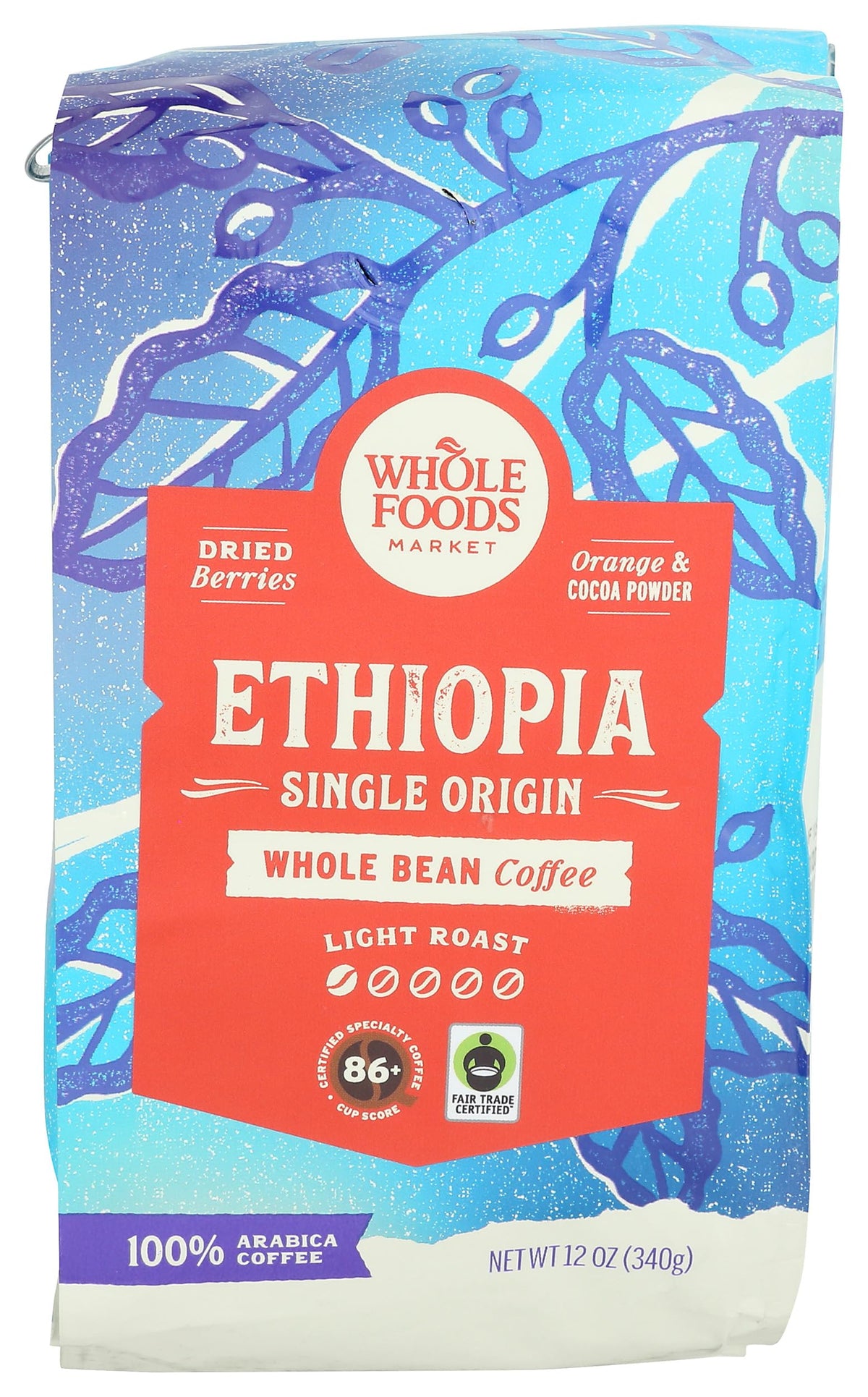 Whole Foods Market, Ethiopia Single Origin Whole Bean Coffee, Light Roast, Cocoa Powder, Dried Berries & Orange, 12 Ounce