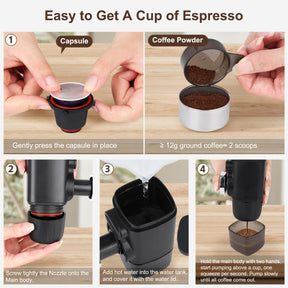 DIVINOCAFFÉ Mini Espresso Machine, Portable Espresso Maker Compatible for Capsules and Coffee Powder, Small Travel Coffee Maker, Manually Operated, 18 Bar Pressure, Perfect for Camping.