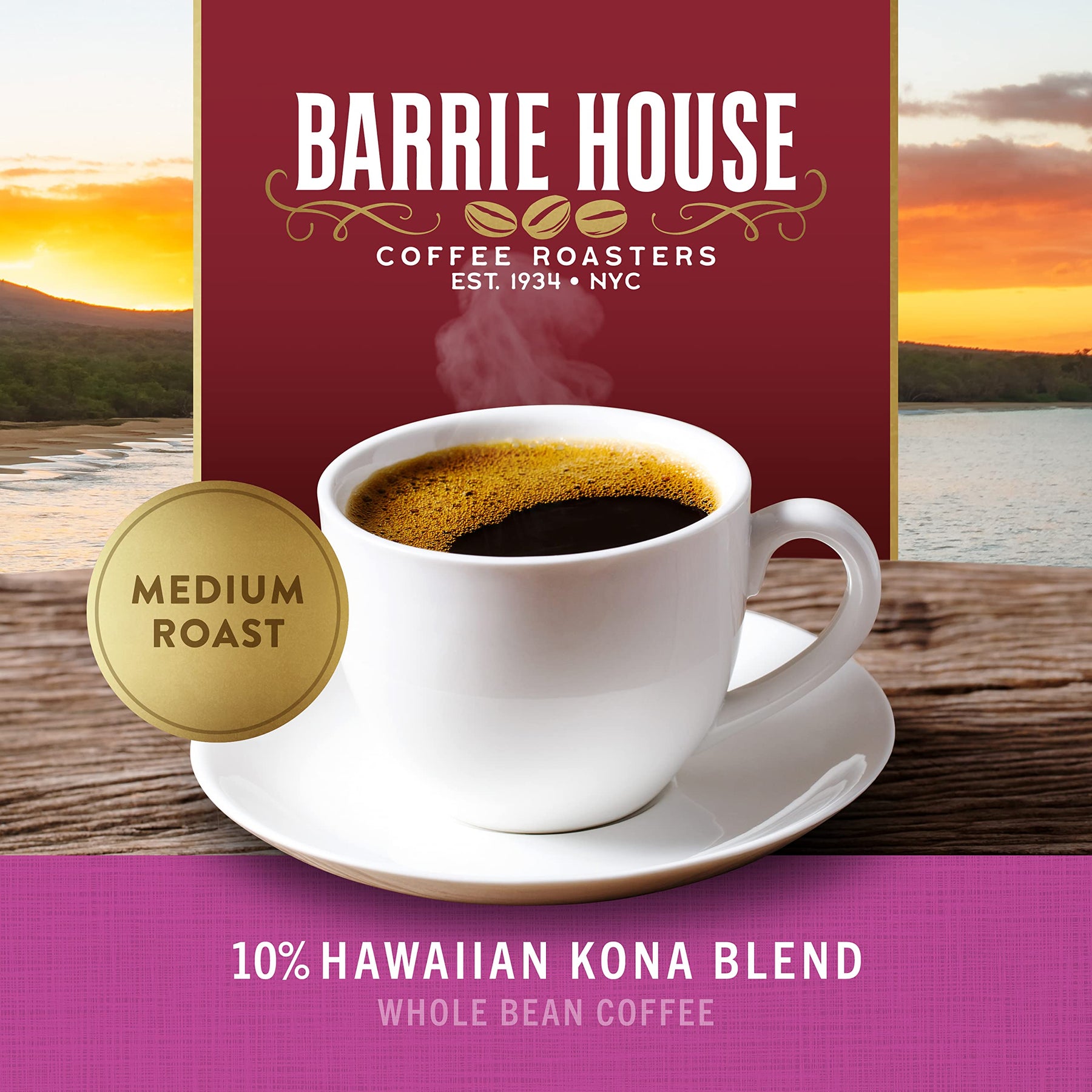 Barrie House 10% Hawaiian Kona Whole Bean Coffee Blend, 2 lb Bag | Medium Roast | Smooth and Full-Bodied Flavor