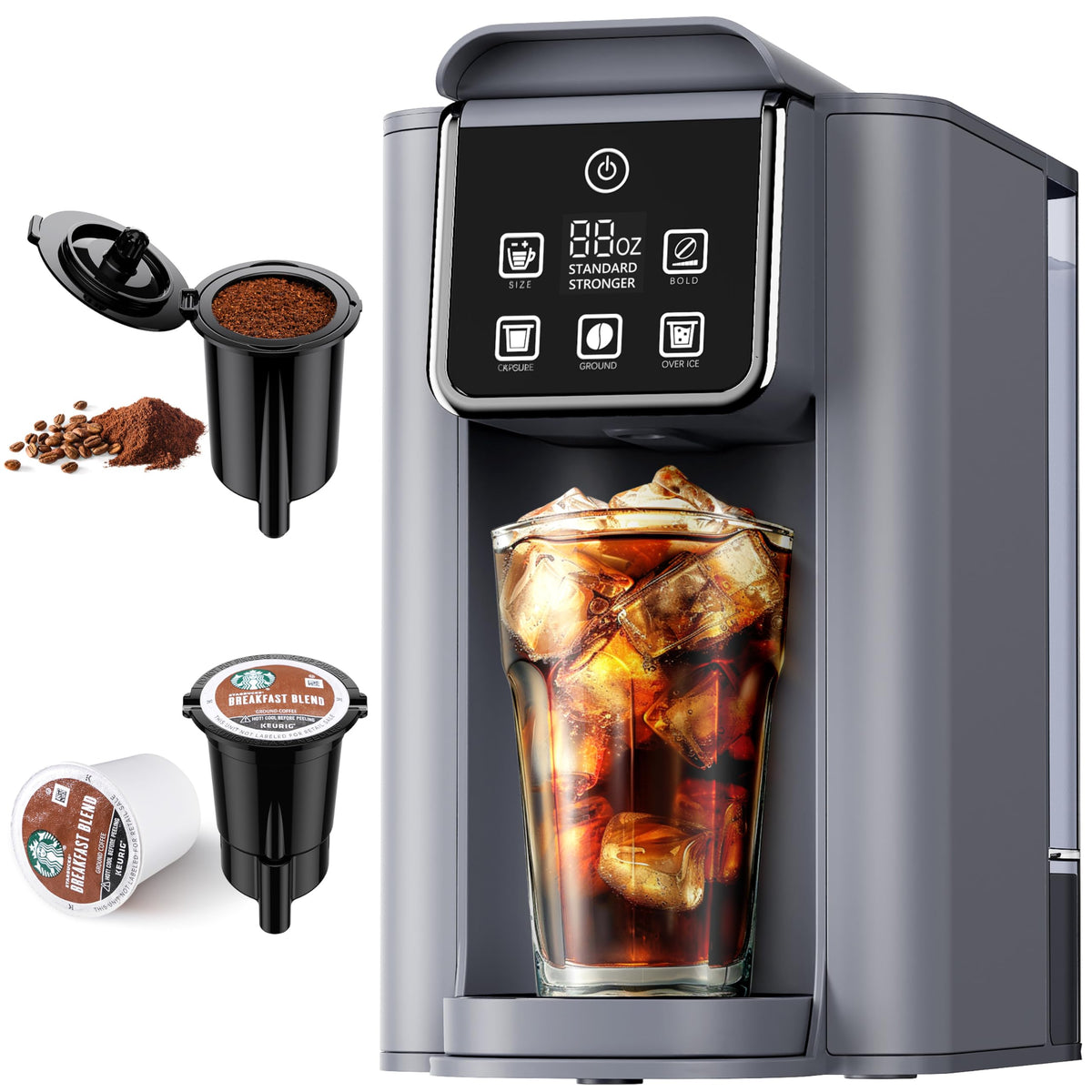 KIDISLE Heiß- und Eiskaffeemaschine mit Bold-Einstellung, Einzelportionskaffeemaschine für K-Cup und Kaffeesatz, Brühgrößen von 6–14 oz, abnehmbarer 50 oz-Wassertank, Ein-Tassen-Kaffeemaschine mit wiederverwendbarem Filter, grau