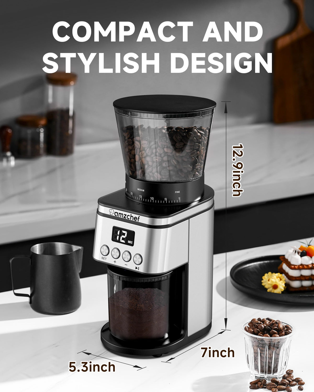 Conical Burr Coffee Grinder 30 Precise, Coffee Grinder with LED Screen & Anti-static Device, Adjustable Burr Grinder for 1-12 Cups or 1-40 Seconds