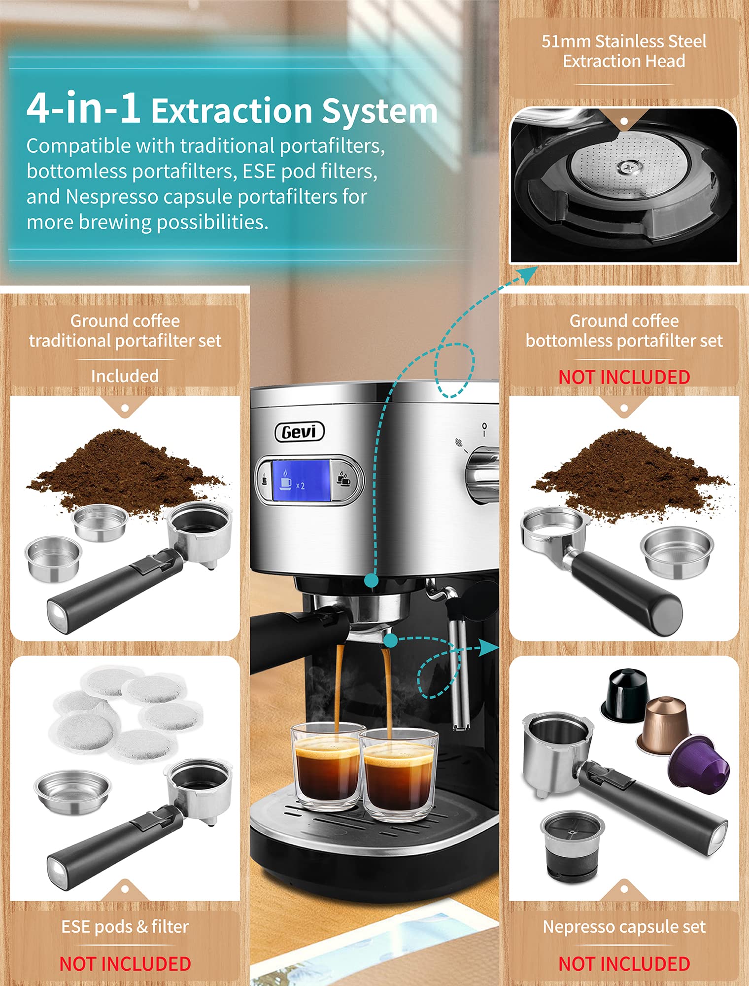 Gevi Espressomaschinen, 20 Bar, schnelles Aufheizen, automatische Cappuccino-Kaffeemaschine mit Milchaufschäumer für Espresso, 1,2 l abnehmbarer Wassertank, doppeltes Temperaturkontrollsystem, 1350 W, schwarz