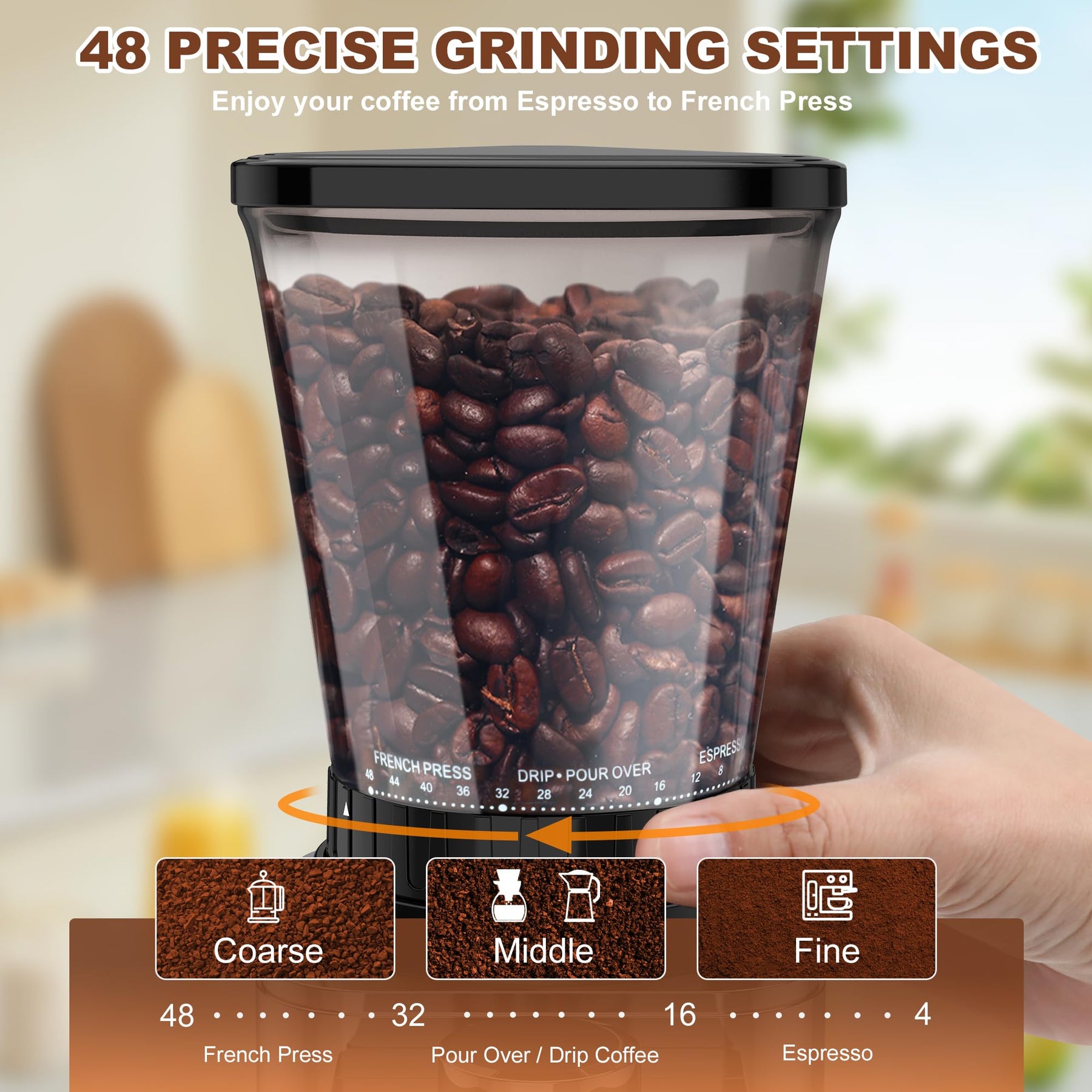 BinROC Conical Burr Coffee Grinder Electric, Espresso Coffee Bean Grinder Home Use Upgraded Adjustable 48 Grind Settings, Precision Timer, Stainless Steel, Anti-Static for Pour Over/Drip/French Press