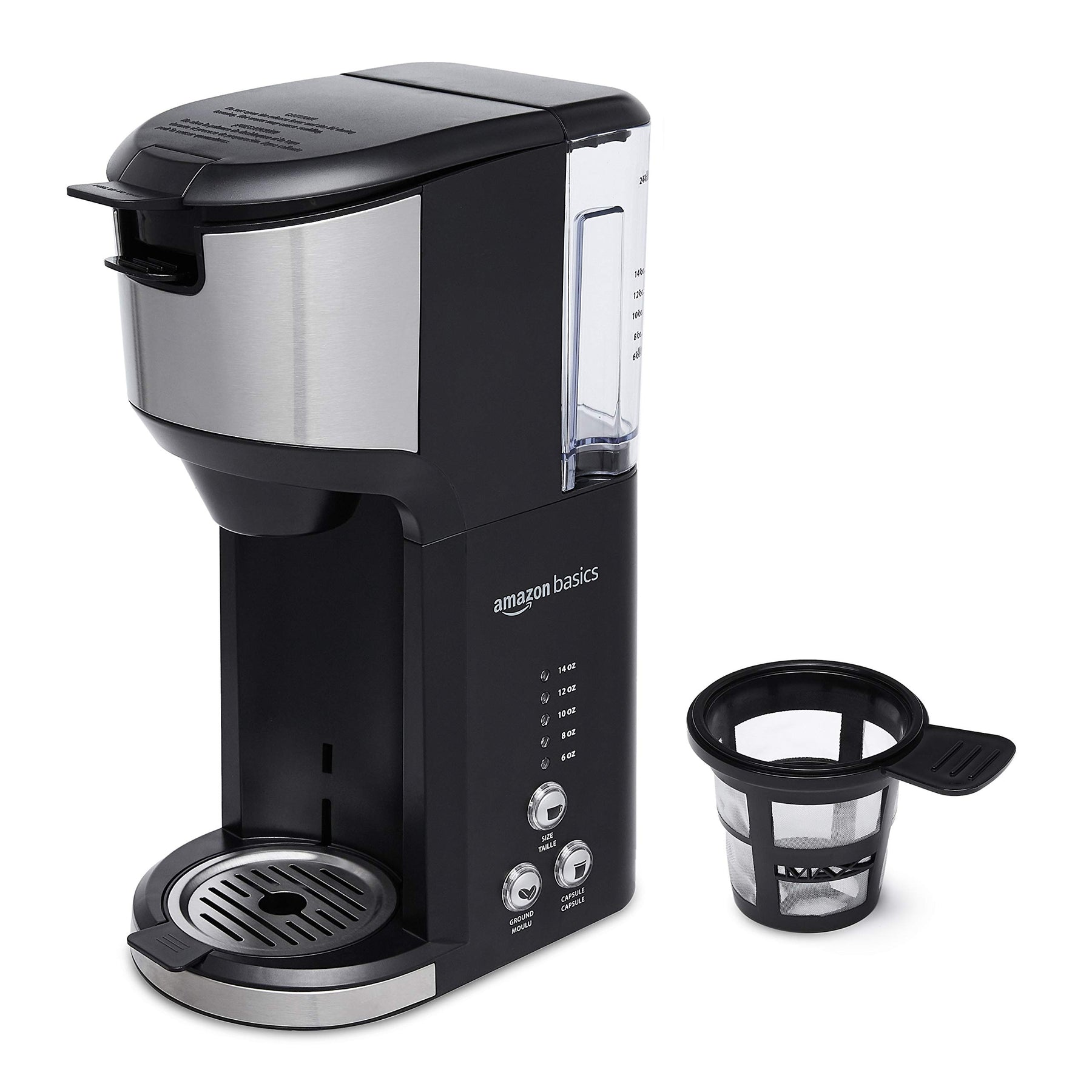 Amazon Basics Single Serve Coffee Maker K-Cup, 14 Oz, Black & Stainless Steel Machine, 5.98"D x 9.44"W x 14.17"H