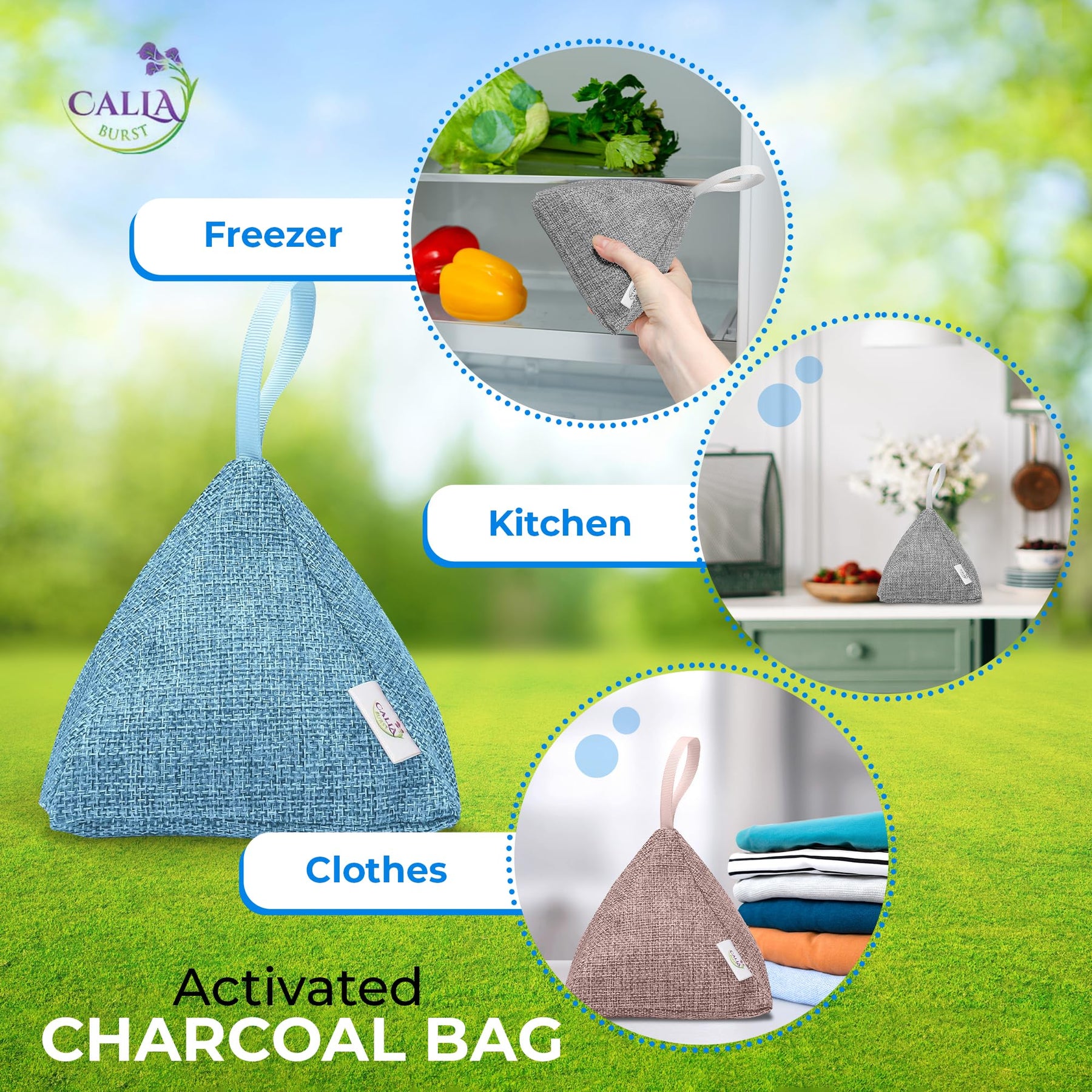 CallaBurst Activated Charcoal Odor Absorber and Air Purifier - Bamboo Charcoal Bags, Nature Fresh Air Purifying Bag, Charcoal Deodorizer, Pyramid Shape with Hanger, Designer Colors 4 Pack, 200g