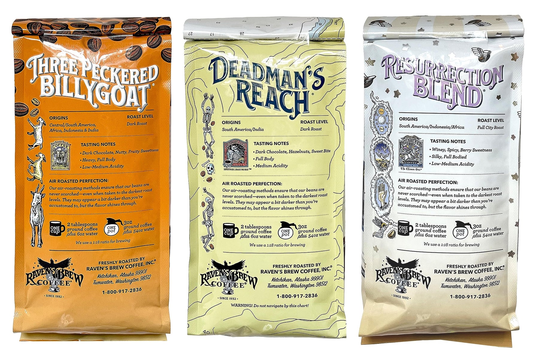 Raven's Brew Whole Bean Coffee Variety Pack - 3 Delicious Flavors - Three Peckered Billy Goat, Deadman's Reach and Resurrection Blend - 12oz each