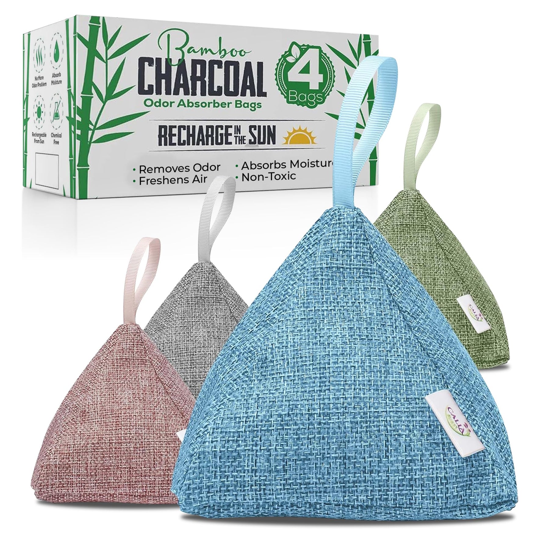 CallaBurst Activated Charcoal Odor Absorber and Air Purifier - Bamboo Charcoal Bags, Nature Fresh Air Purifying Bag, Charcoal Deodorizer, Pyramid Shape with Hanger, Designer Colors 4 Pack, 200g