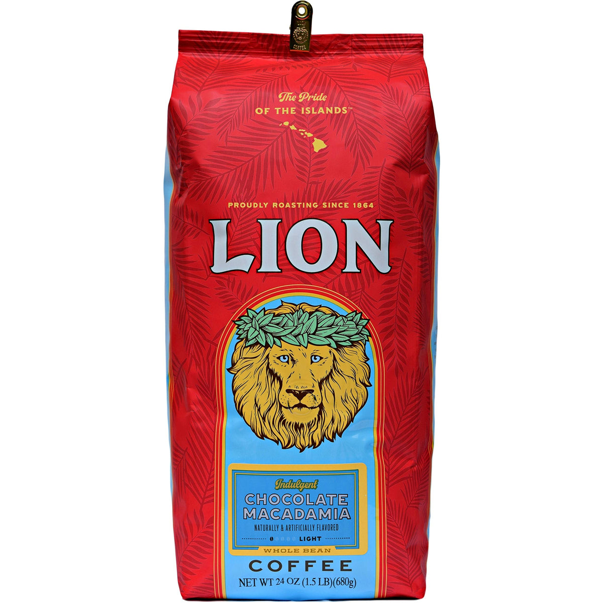 Lion Coffee Chocolate Macadamia Flavored Whole Bean Coffee, Light Roast, Hawaiian Inspired Taste - 24 Ounce Bag