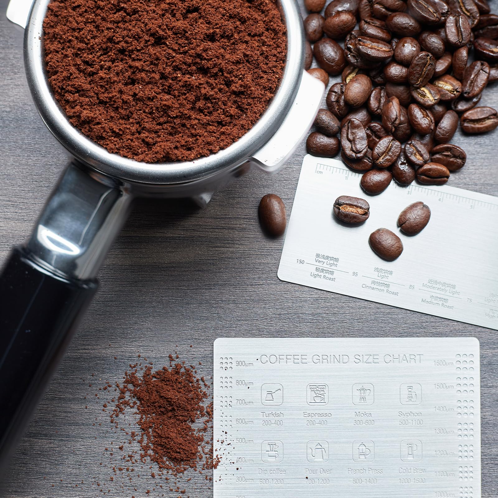 MUVNA Coffee Grind Measure Tool, Coffee Grind Size Chart, Coffee Reference Card, Stainless Steel Coffee Ground Measuring Ruler