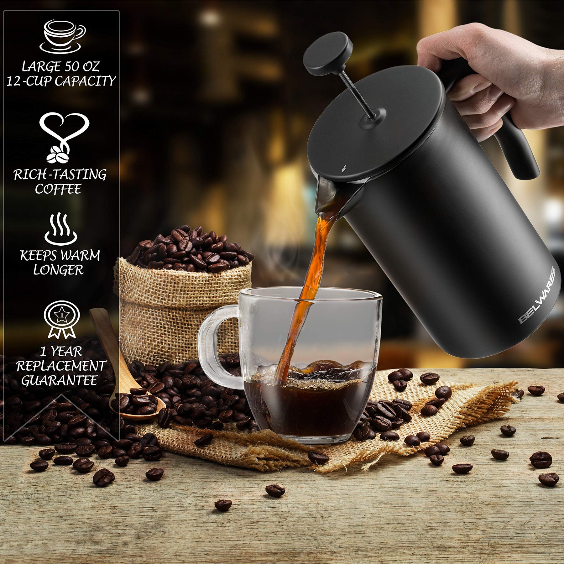 Belwares French Press Kaffeemaschine 50 OZ – Große isolierte Kaffeepresse aus Edelstahl 304 mit Doppelwand und 4-stufigem Filtersystem (Schwarz – 1,5 l)