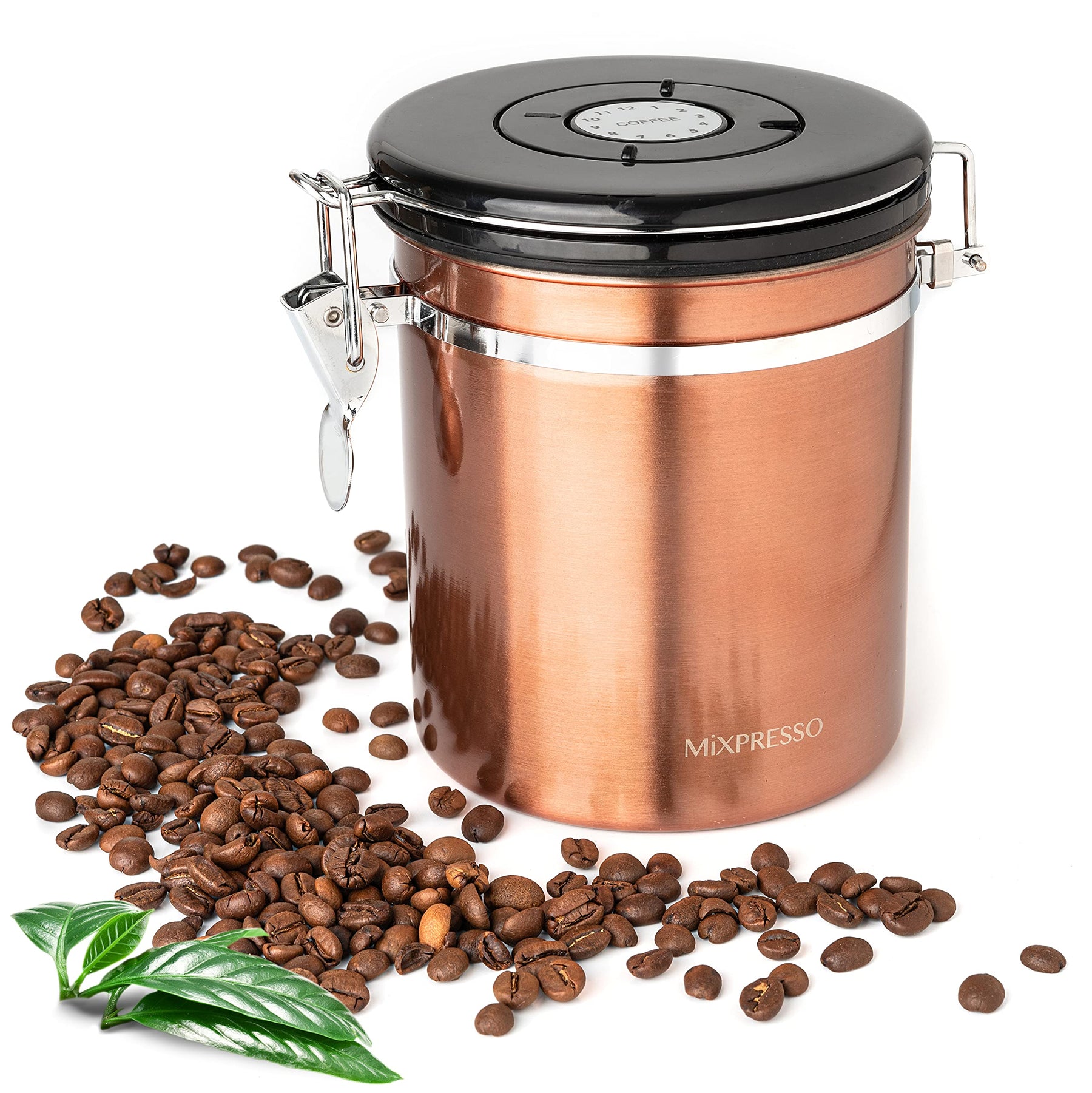 Mixpresso Bronze Stainless Steel Airtight Coffee Container with Date Tracker For Coffee & Tea, Vacuum Sealed Airtight Container, Coffee Jar 16 Ounces, Coffee Grounds Container, Coffee Tin