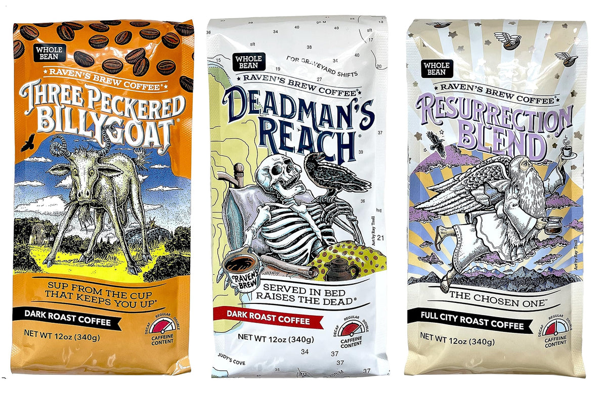 Raven's Brew Whole Bean Coffee Variety Pack - 3 Delicious Flavors - Three Peckered Billy Goat, Deadman's Reach and Resurrection Blend - 12oz each