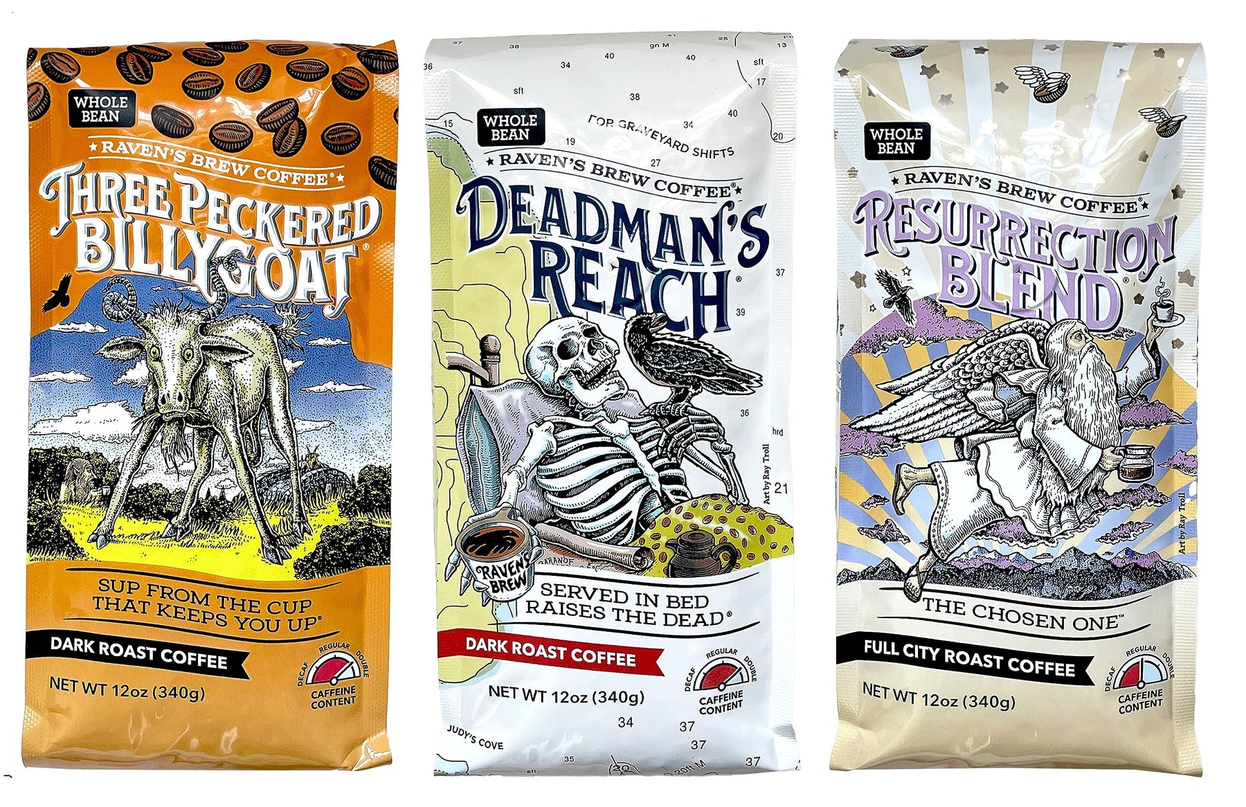 Raven's Brew Whole Bean Coffee Variety Pack - 3 Delicious Flavors - Three Peckered Billy Goat, Deadman's Reach and Resurrection Blend - 12oz each