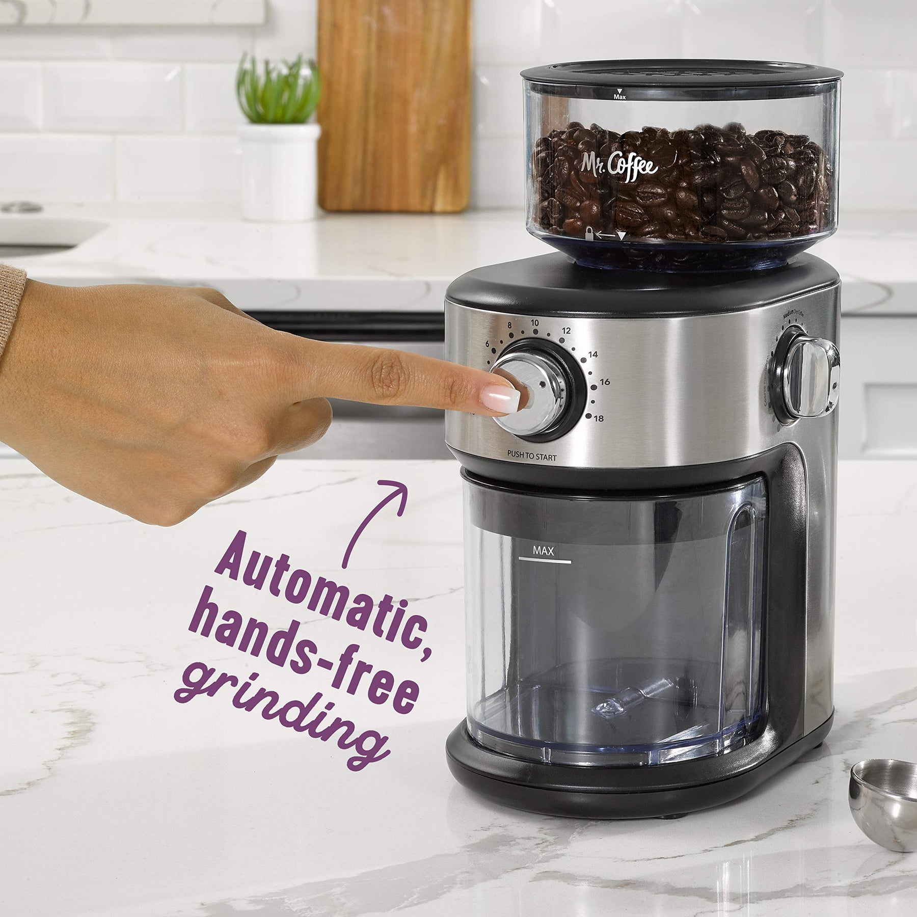 Mr. Coffee® Cafe Grind 18 Cup Automatic Burr Grinder with Removable Bean Hopper and Grind Chamber | Stainless Steel