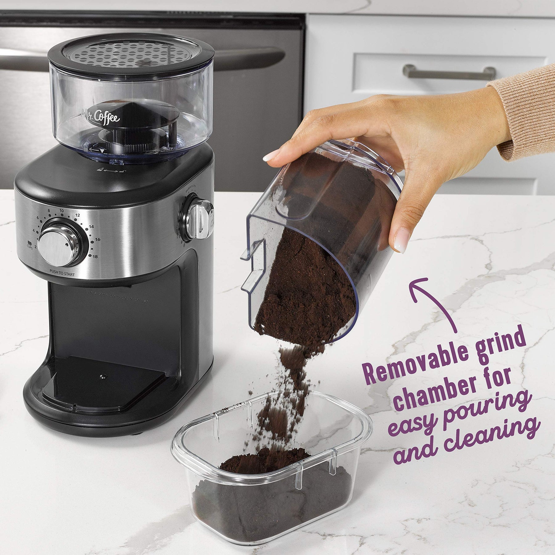 Mr. Coffee® Cafe Grind 18 Cup Automatic Burr Grinder with Removable Bean Hopper and Grind Chamber | Stainless Steel