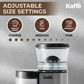 Kaffe Electric Burr Coffee Grinder (5.5oz) w/Adjustable Precise Coarseness Settings - Flat Burr - [Improved Motor] - Precision Coffee Bean Grinder for Home Use - Stainless Steel