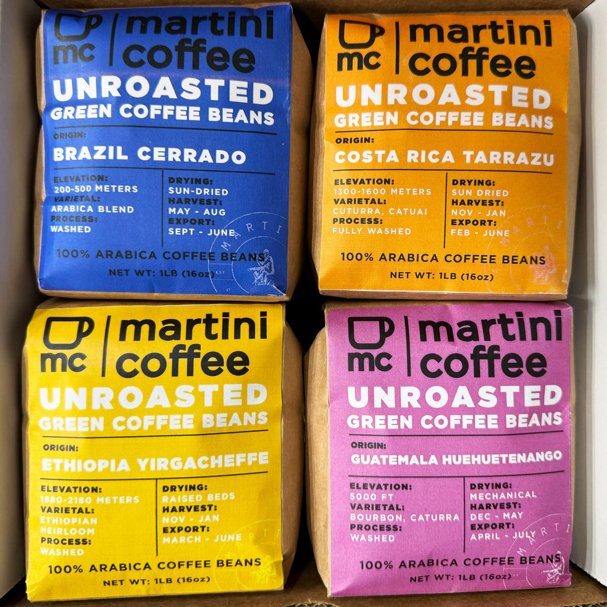 Martini Coffee Roasters, Green Coffee Beans Sampler Pack, 4 Unique Single-Origin Unroasted Coffee Beans for Roasting, 4LBS