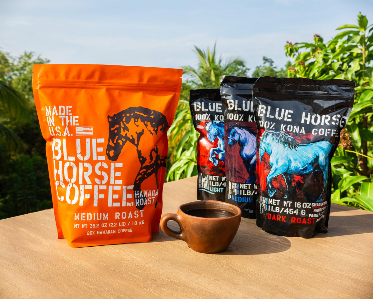 Blue Horse Hawaiian Coffee Beans - (20 % Hawaii Roast Blend) Arabica-Kaffeebohnen, mittlere Röstung, 2,2 Pfund (35 Unzen), frisch vom Bauernhof: Blue Horse „Gentle Giant“ ganze Bohnen aus Hawaii