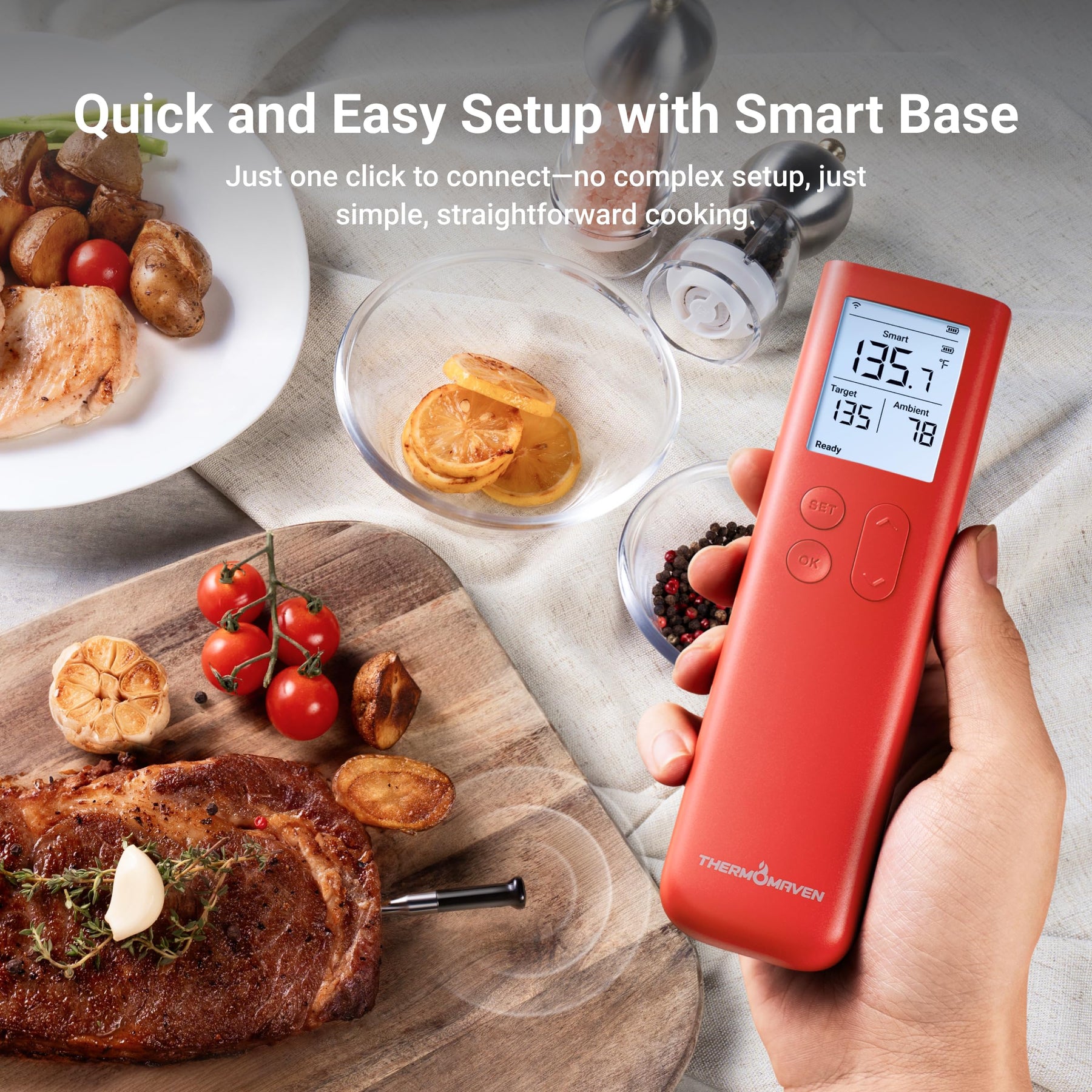 ThermoMaven Wireless Meat Thermometer, 10X Enhanced Signal and Stability with Sub-1G, Standalone Base with Display & Control, Certified Accuracy ±0.5°F, WiFi Unlimited Range for BBQ, Oven,Smoker,Grill