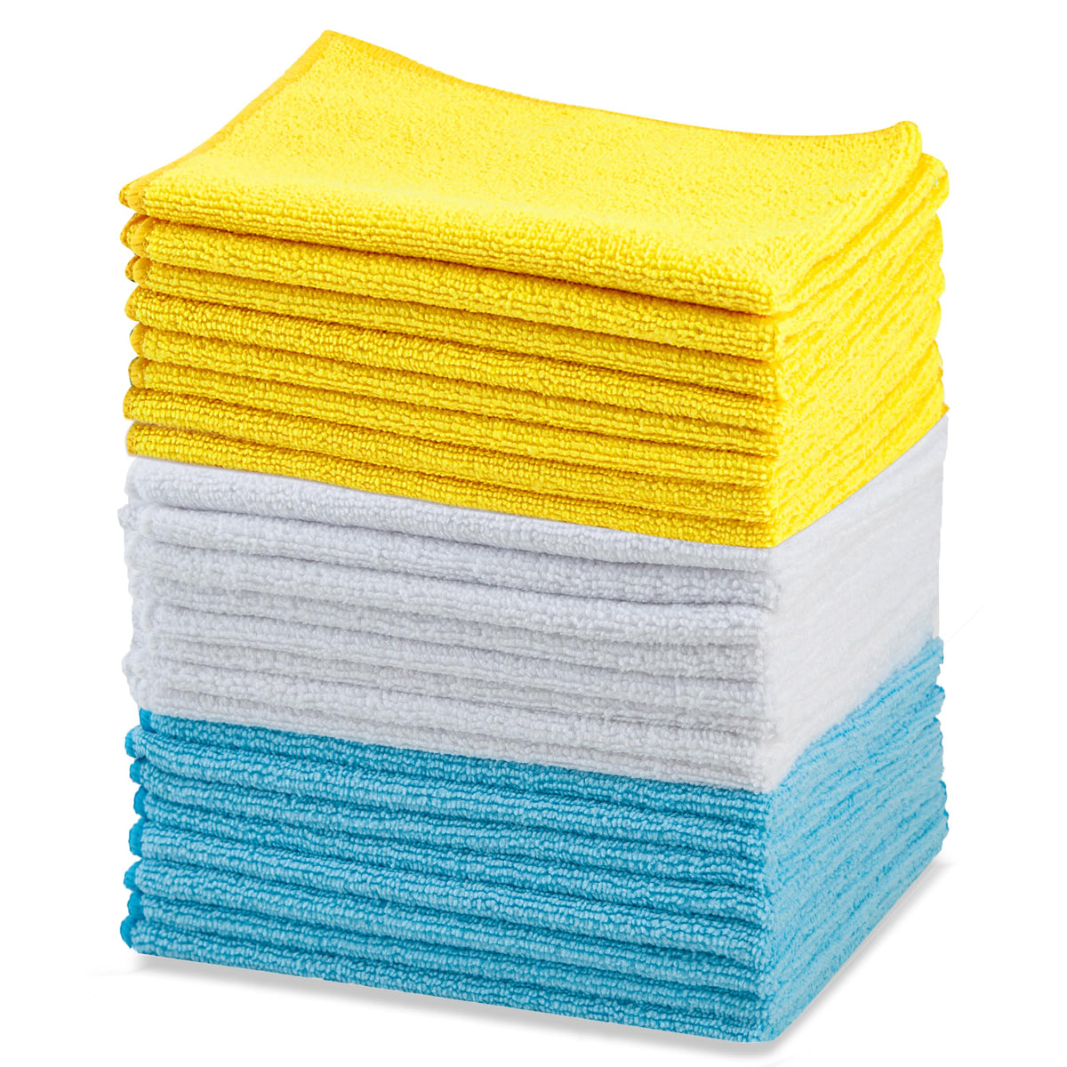 Amazon Basics Microfiber Cleaning Cloths, Lint Free, Absorbent, Streak Free, Non-Abrasive, Reusable and Washable, Pack of 24, Blue/White/Yellow, 16" x 12"