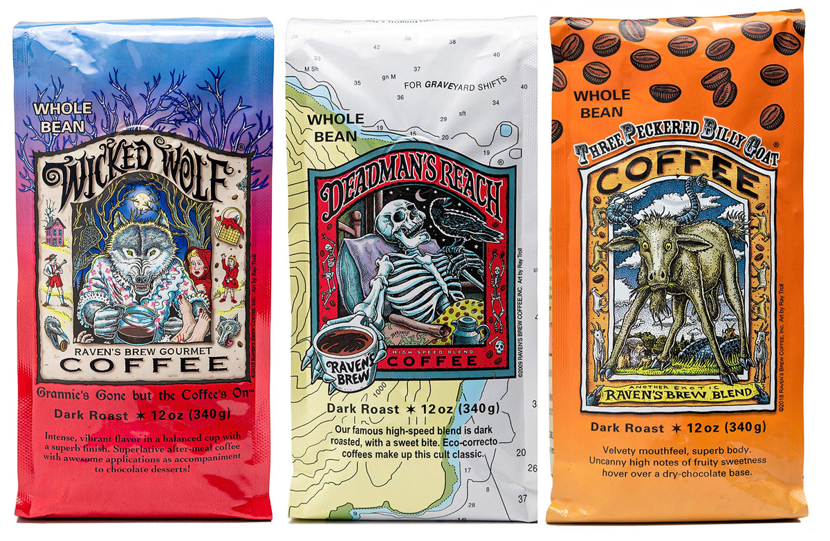 Raven's Brew Whole Bean Variety Pack - 3 Delicious Flavors - Wicked Wolf, Three Peckered Billy Goat and Deadman's Reach - 12 oz each