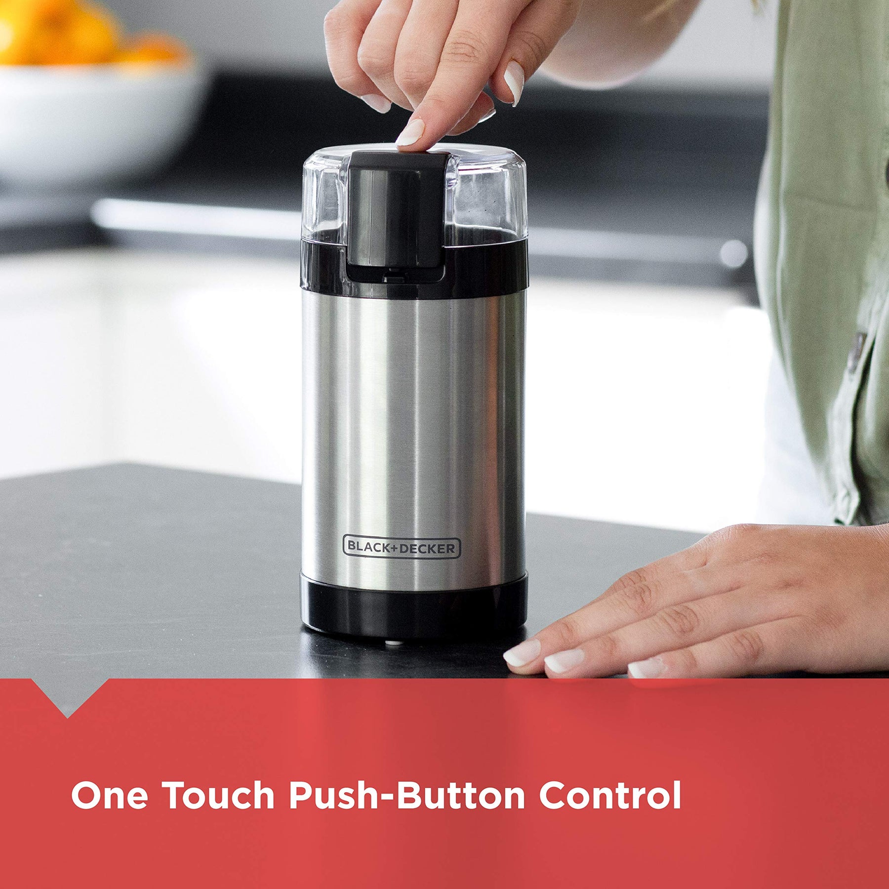 BLACK+DECKER One Touch Coffee Grinder, 2/3 Cup Coffee Bean Capacity, Spice Grinder, One Touch Push-Button Control -150 Watts -Stainless Steel Blades