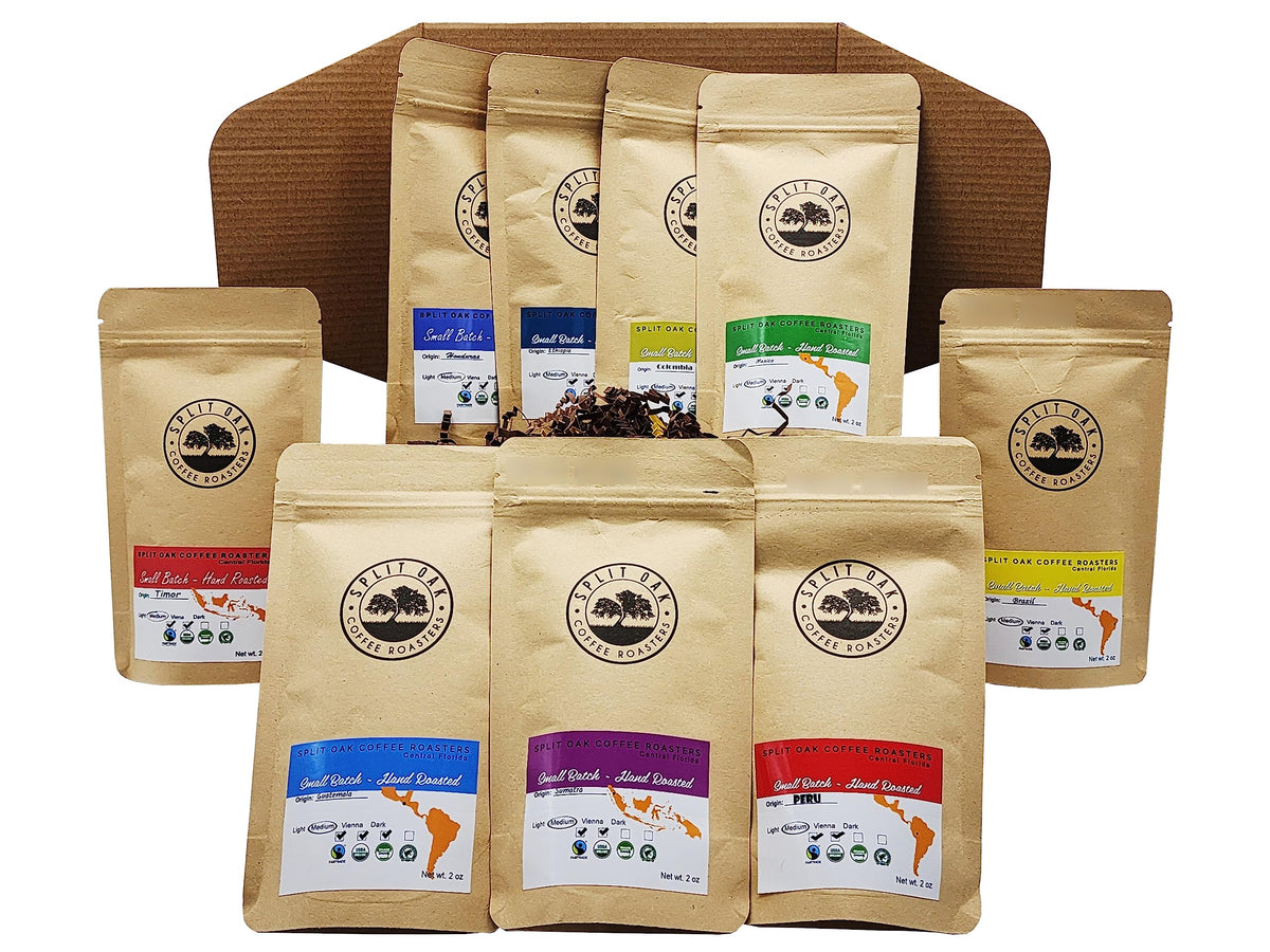 Bestes Kaffee-Geschenkset, 9 verschiedene Kaffeesorten, Sumatra, Timor, Kolumbien, Äthiopien, Honduras, Mexiko, Guatemala, Brasilien, Peru. Alle fantastischen Kaffeesorten aus aller Welt (9er-Packung ganze Bohnen, verschiedene Kaffeesorten, 2 oz)