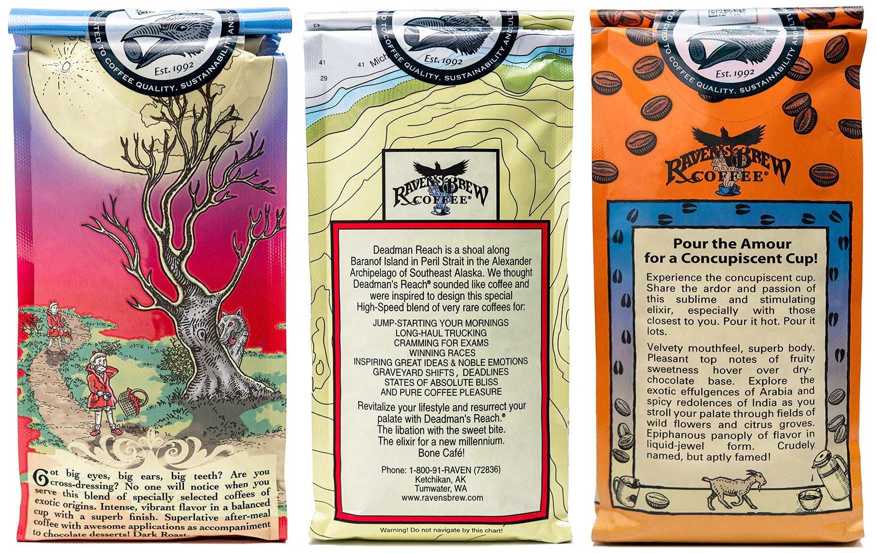 Raven's Brew Whole Bean Variety Pack - 3 Delicious Flavors - Wicked Wolf, Three Peckered Billy Goat and Deadman's Reach - 12 oz each