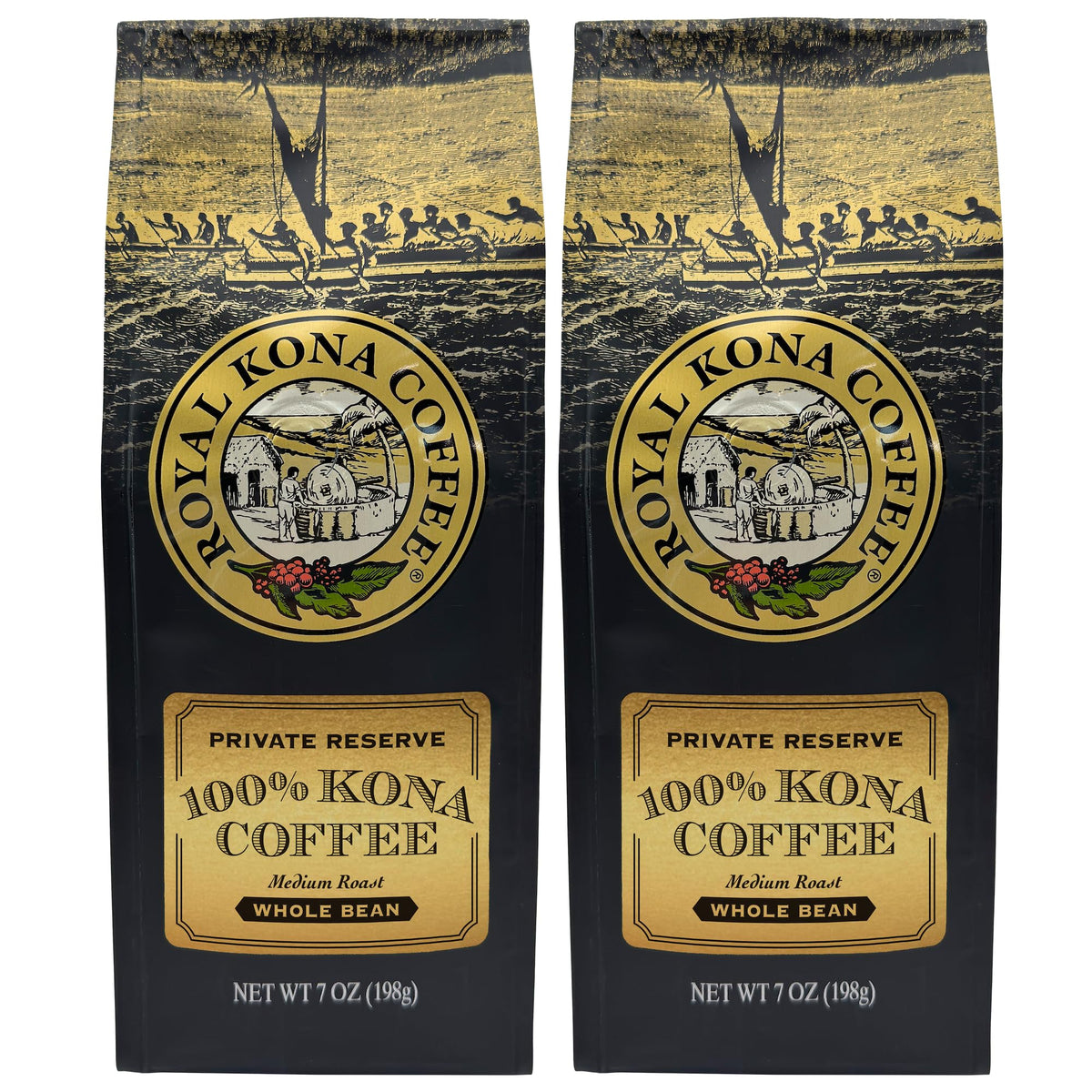 Royal Kona 2er-Pack, 100 % hawaiianischer Kona-Kaffee, Private Reserve, mittlere Röstung, ganze Bohne – 7-Unzen-Beutel (2er-Pack)