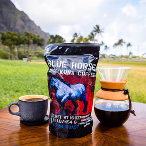 Farm-fresh: 100% Kona Coffee - Medium Roast - Arabica Whole Beans - 1 Lb or 16 oz Bag - Blue Horse 100% Kona Coffee from the Big Island of Hawaii